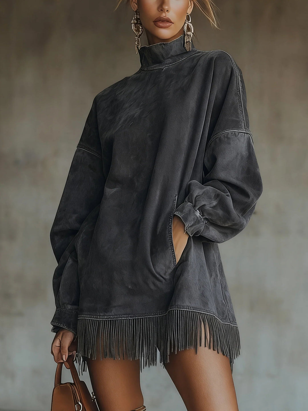 Mara | Women's Relaxed Turtleneck Mini Cozy Fringe Dress
