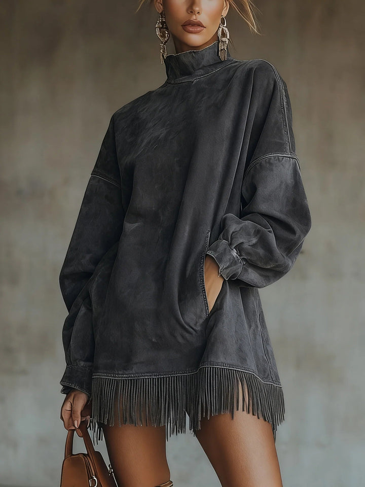 Mara | Women's Relaxed Turtleneck Mini Cozy Fringe Dress