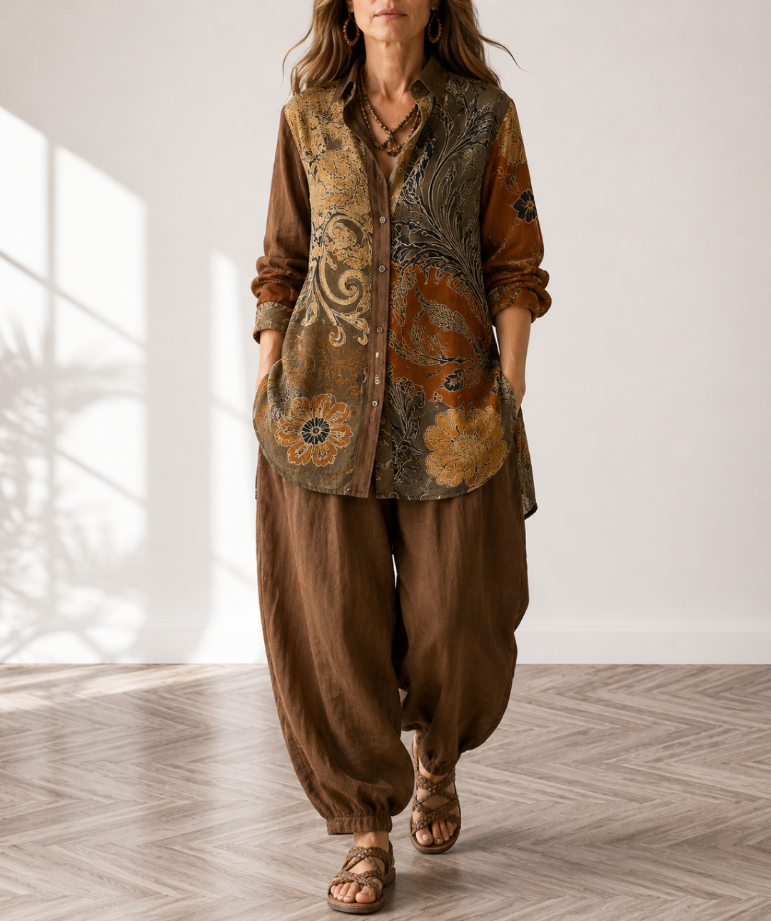 Nina | Women's Floral Long Sleeve Top & Pants Set with Buttons