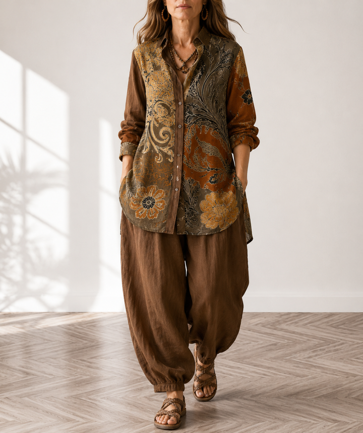 Nina | Women's Floral Long Sleeve Top & Pants Set with Buttons