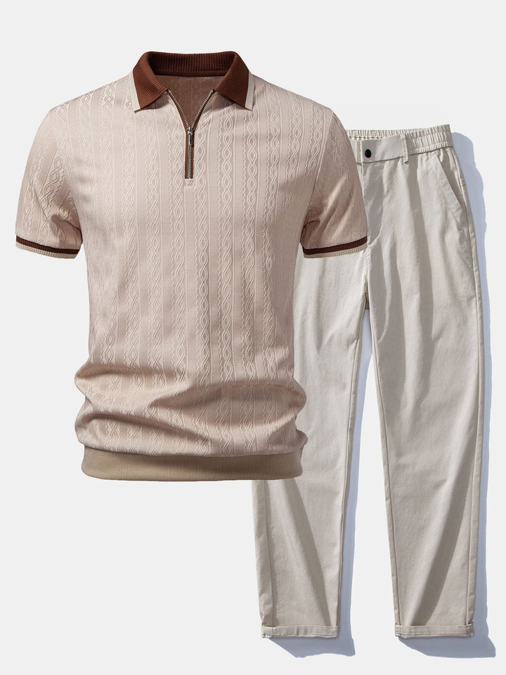 Men's Short Sleeve Zip Polo & Elastic-Waist Straight-Leg Pants Set