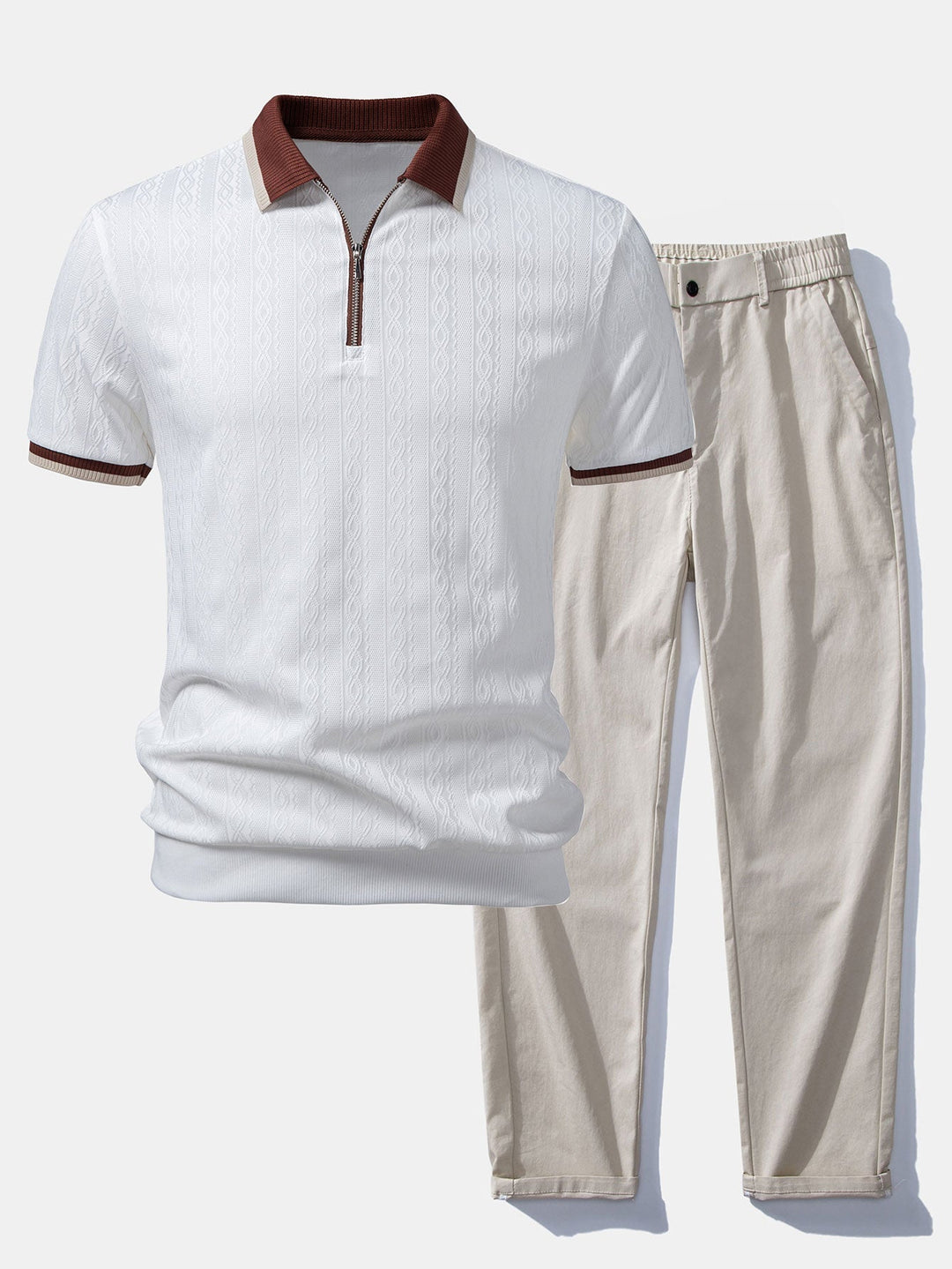 Men's Short Sleeve Zip Polo & Elastic-Waist Straight-Leg Pants Set