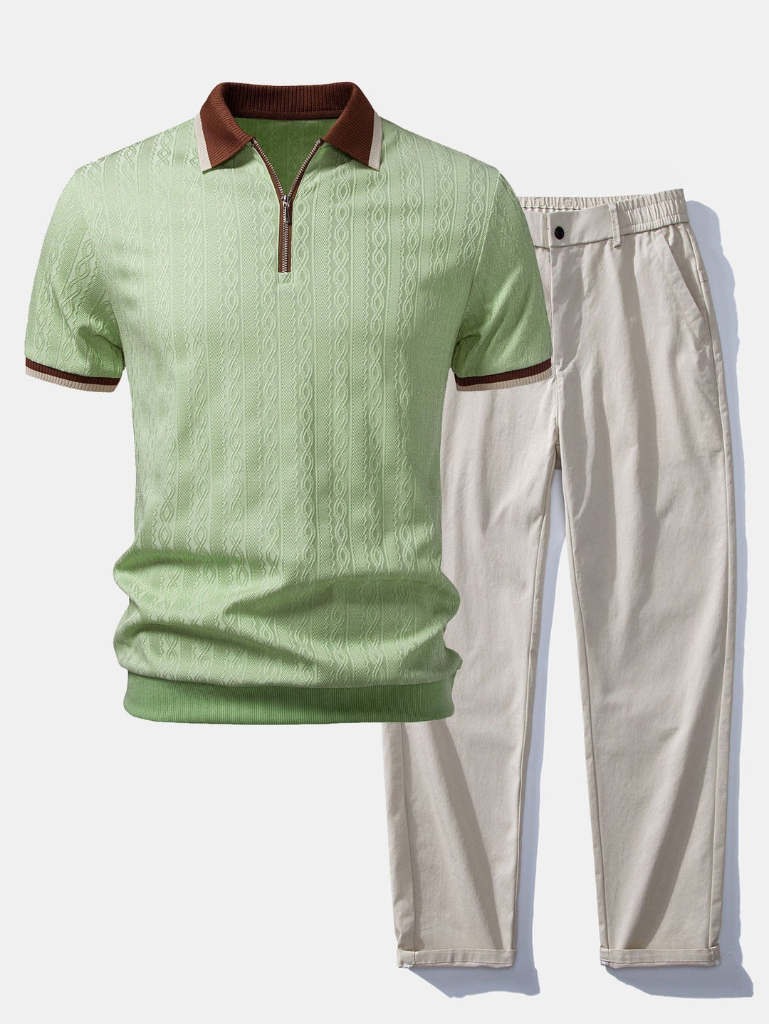 Men's Short Sleeve Zip Polo & Elastic-Waist Straight-Leg Pants Set