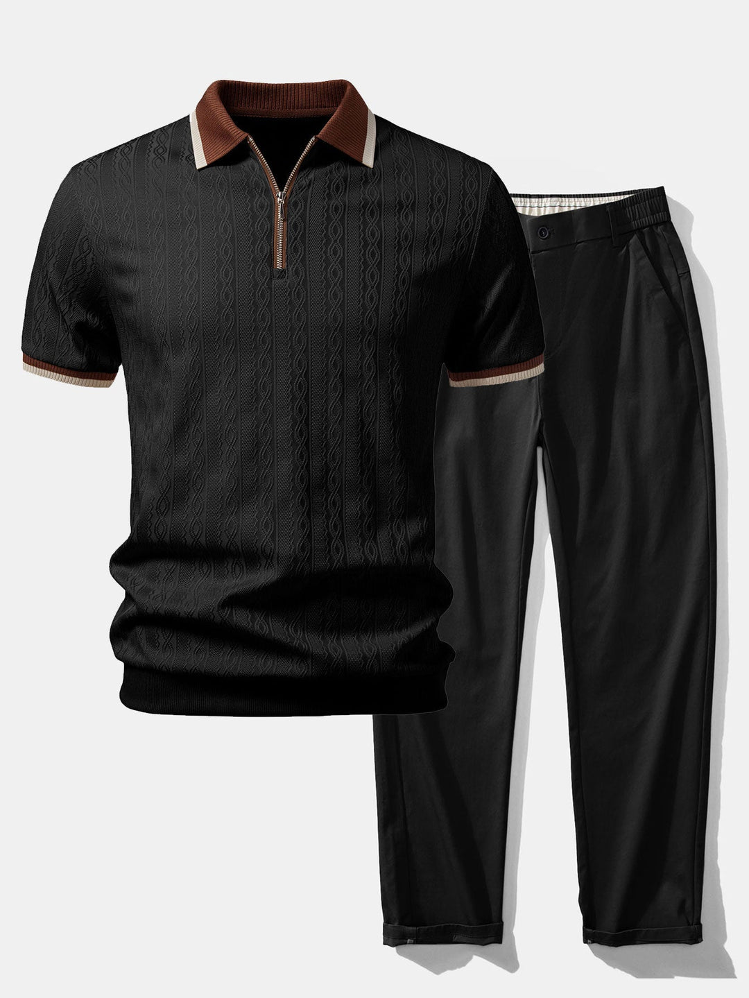 Men's Short Sleeve Zip Polo & Elastic-Waist Straight-Leg Pants Set