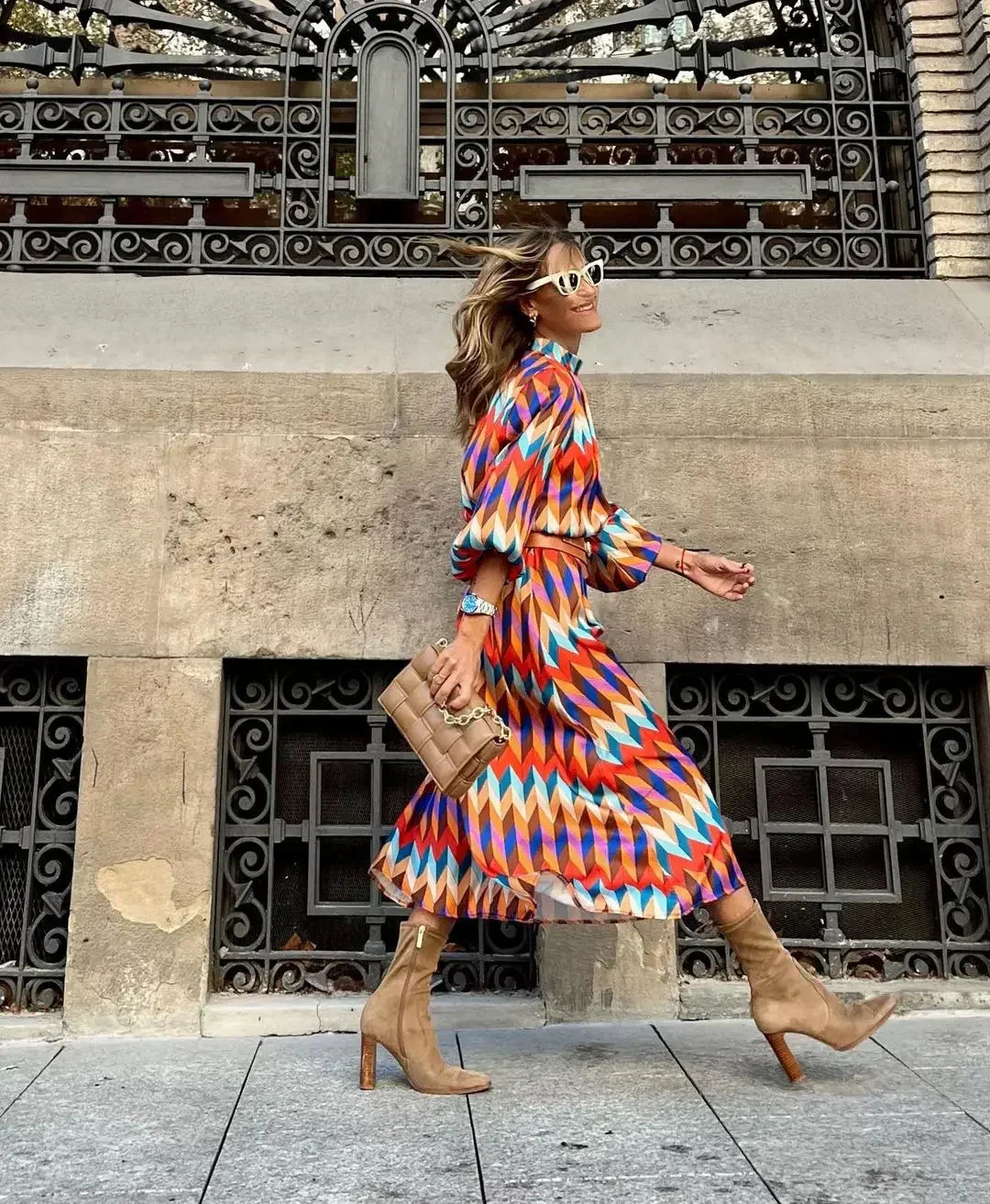 Kaia | Women's Balloon Sleeve High Neck Geometric Prints Long Party Dress