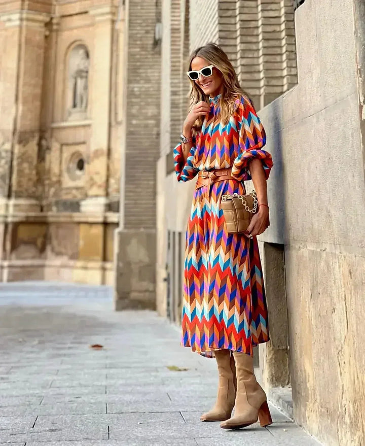 Kaia | Women's Balloon Sleeve High Neck Geometric Prints Long Party Dress