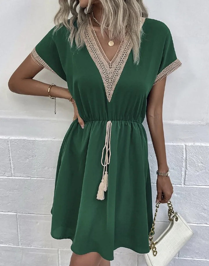 Josephine | Women's Chic V-Neck Boho Dress with Waist Tie