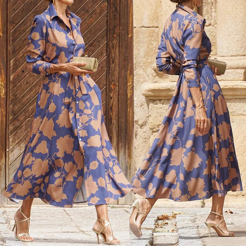 Floriza | Women's Long Sleeve Midi Floral Classic Shirt Style Dress with Belt