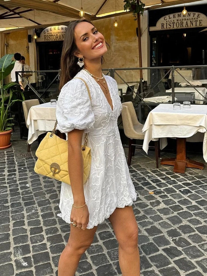 Fay | White Dress Featuring Embroidered Ruffle Accents