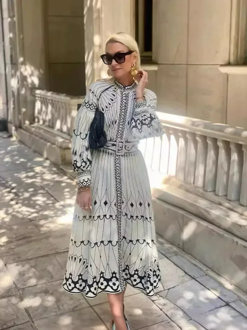 Eulalia | Women's Retro Stand Collar Boho Dress with Belt