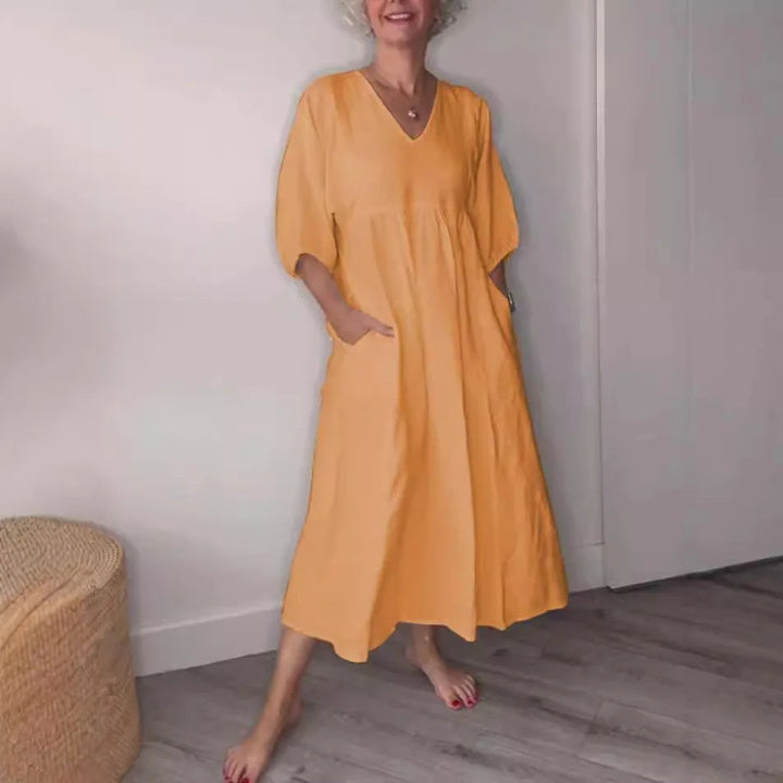 Eeva | Women's Relaxed Casual Midi Dress with V-Neck and Pockets