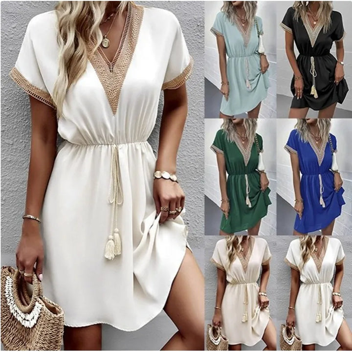 Josephine | Women's Chic V-Neck Boho Dress with Waist Tie
