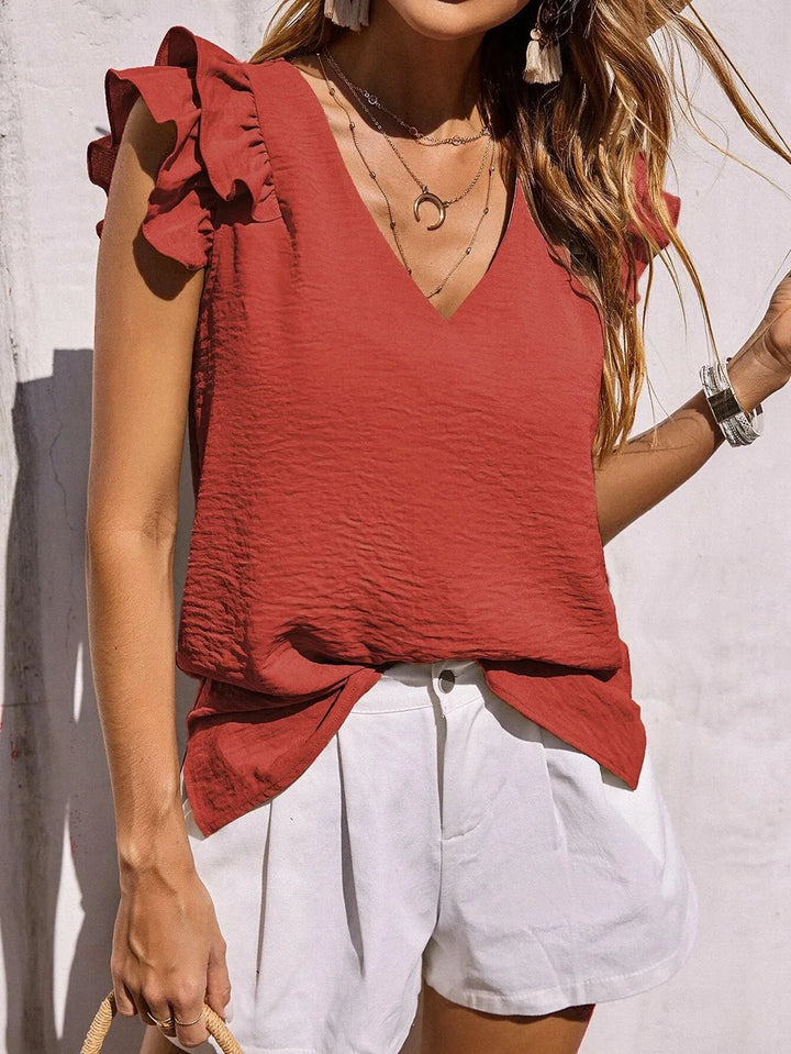 Lynette | Women's Relaxed V-Neck Playful Ruffle Sleeve Summer Top