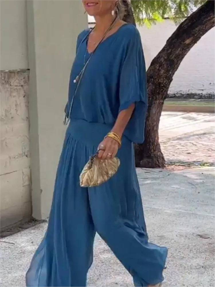 Mia - V-Neck Wide-Leg Chiffon Set