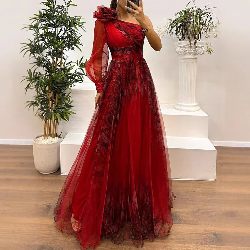 Sienna – Trendy One Shoulder Mesh Print Maxi Dress