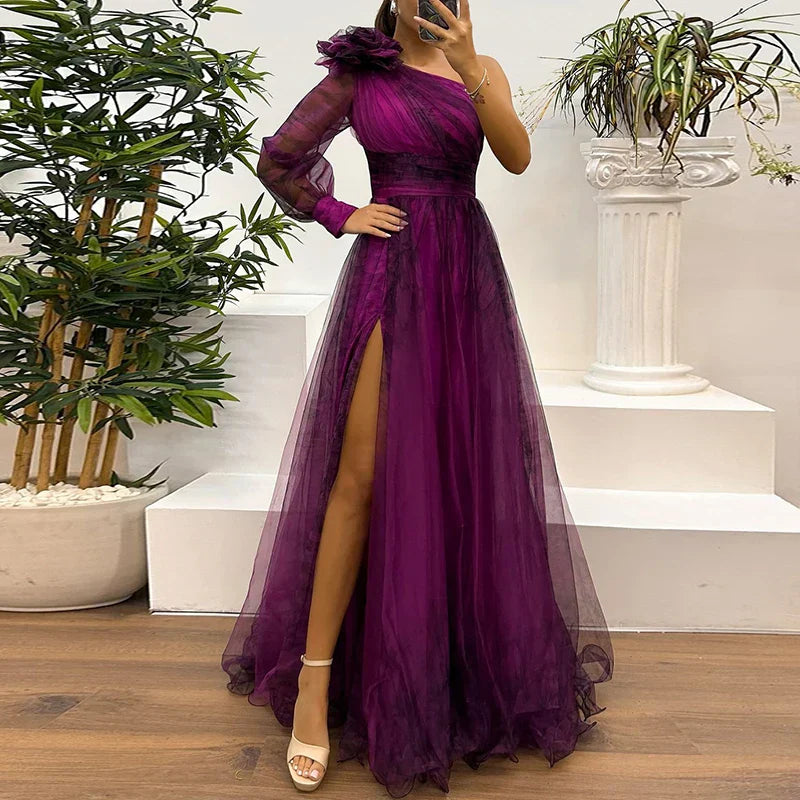 Sienna – Trendy One Shoulder Mesh Print Maxi Dress