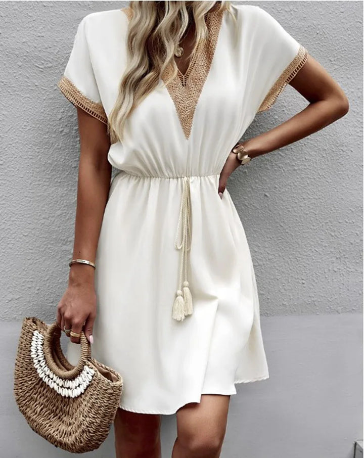 Josephine | Women's Chic V-Neck Boho Dress with Waist Tie