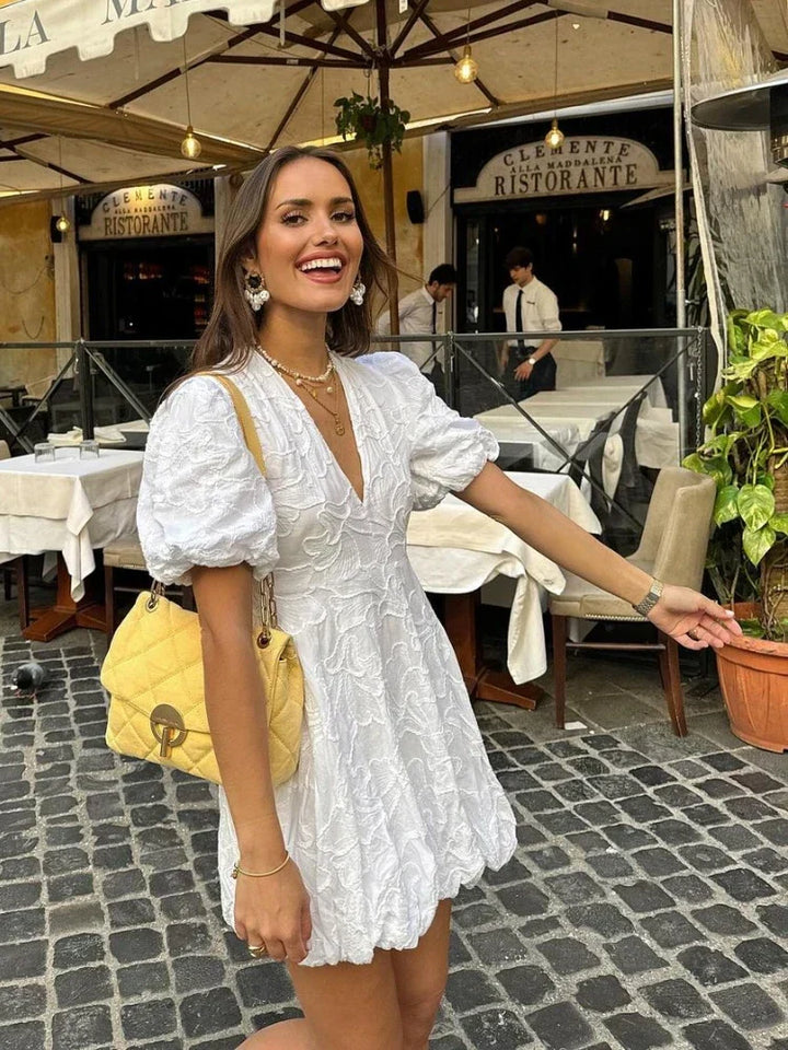 Fay | White Dress Featuring Embroidered Ruffle Accents