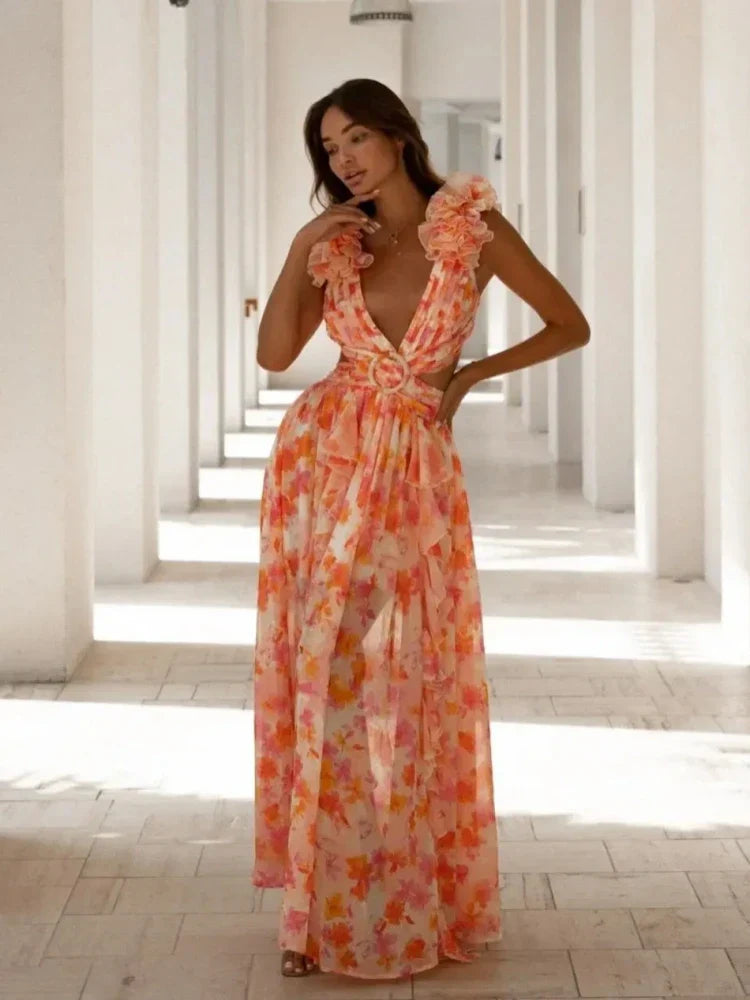 Aurora - Elegant Backless Ruffles Maxi Dress