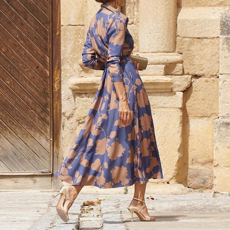 Floriza | Women's Long Sleeve Midi Floral Classic Shirt Style Dress with Belt