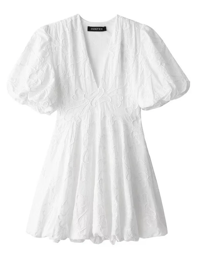 Fay | White Dress Featuring Embroidered Ruffle Accents