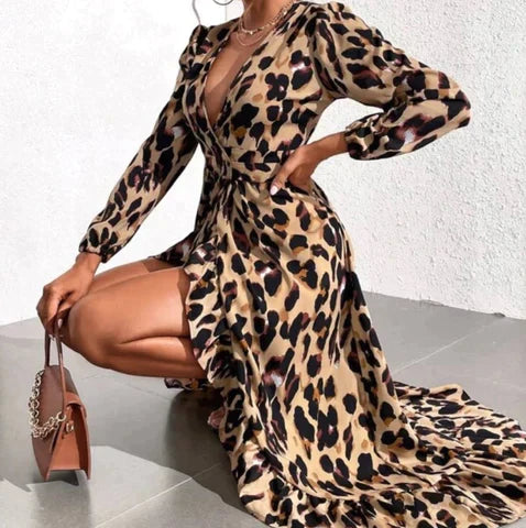 Lisandra | Women's Long Sleeve Midi Leopard Print Elegant Dress with V-Neck
