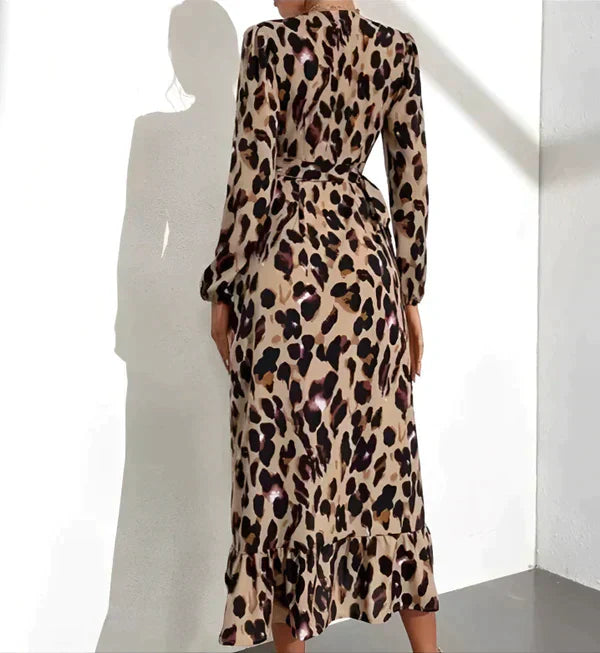 Lisandra | Women's Long Sleeve Midi Leopard Print Elegant Dress with V-Neck