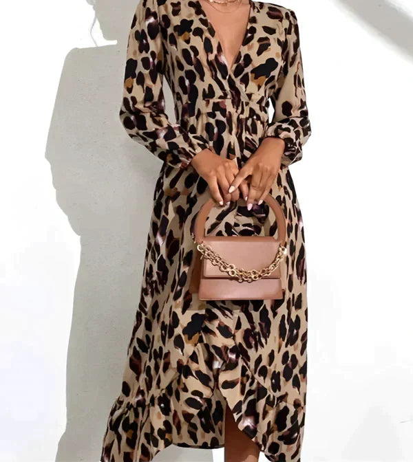 Lisandra | Women's Long Sleeve Midi Leopard Print Elegant Dress with V-Neck