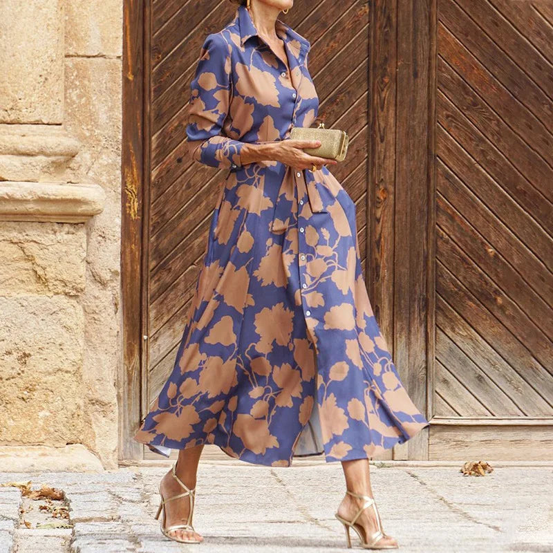 Floriza | Women's Long Sleeve Midi Floral Classic Shirt Style Dress with Belt