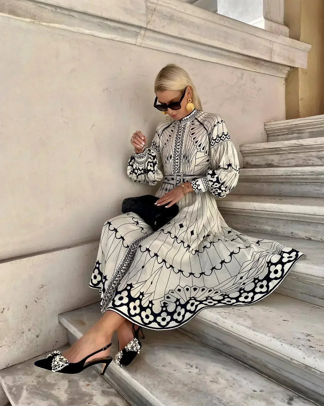 Eulalia | Women's Retro Stand Collar Boho Dress with Belt