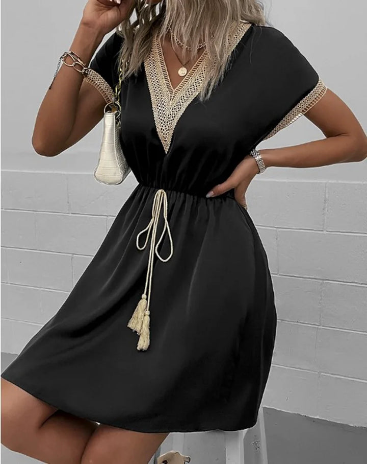 Josephine | Women's Chic V-Neck Boho Dress with Waist Tie