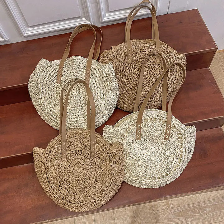 Arnora | Round Woven Handbag with Faux Leather Straps