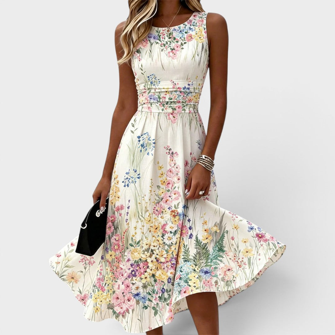 Kimberly | Women's Round Neck Sleeveless Floral Midi Dress