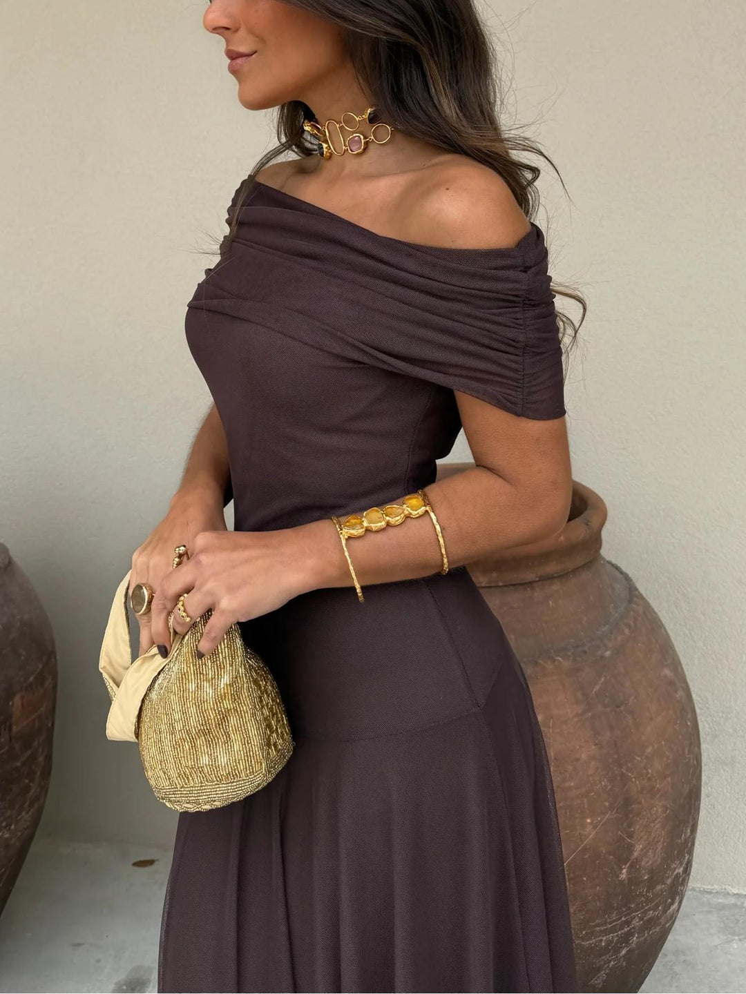Women's Off-Shoulder Short Sleeve Maxi Dress