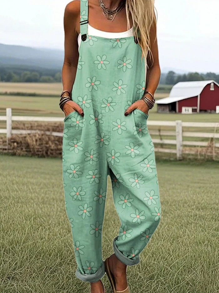 Women's Vintage Floral Wide Leg Jumpsuit - Comfort & Style