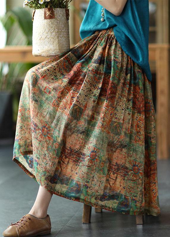 Bohemian Black Flower Elastic Waist Print Linen Skirts Summer