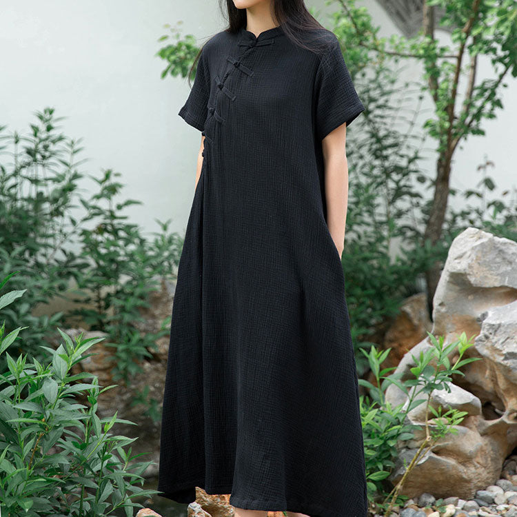 Women's Stand Collar Short Sleeve Maxi Dress with Buttons