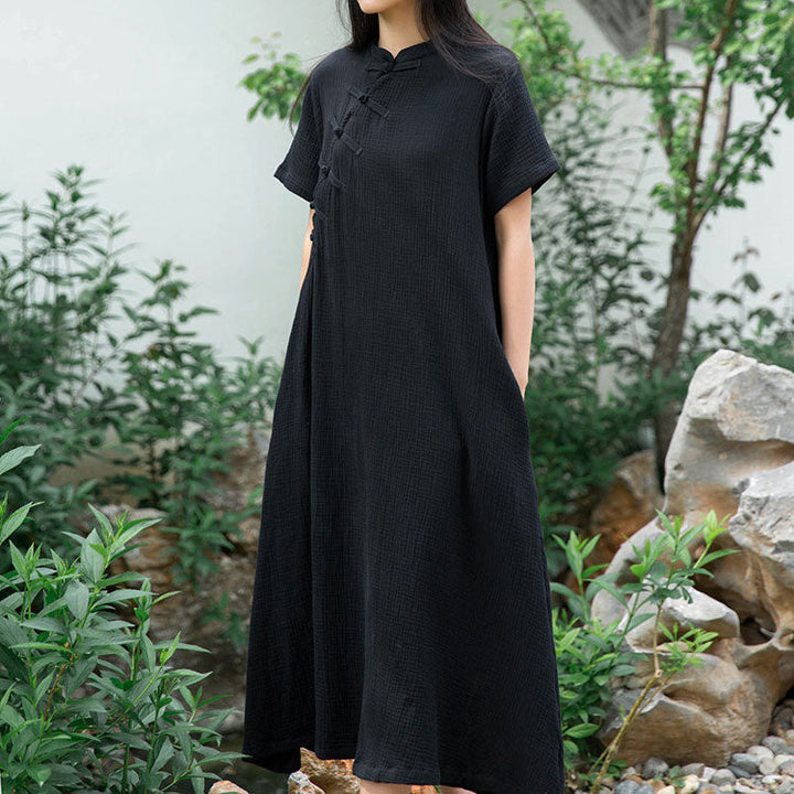 Women's Stand Collar Short Sleeve Maxi Dress with Buttons