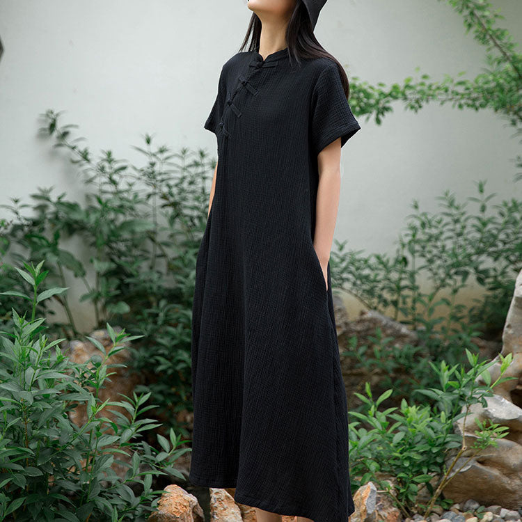 Women's Stand Collar Short Sleeve Maxi Dress with Buttons