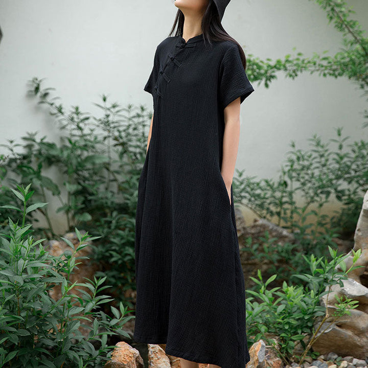 Women's Stand Collar Short Sleeve Maxi Dress with Buttons