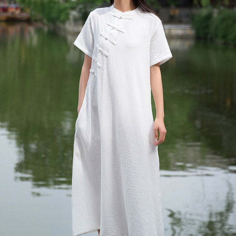 Women's Stand Collar Short Sleeve Maxi Dress with Buttons
