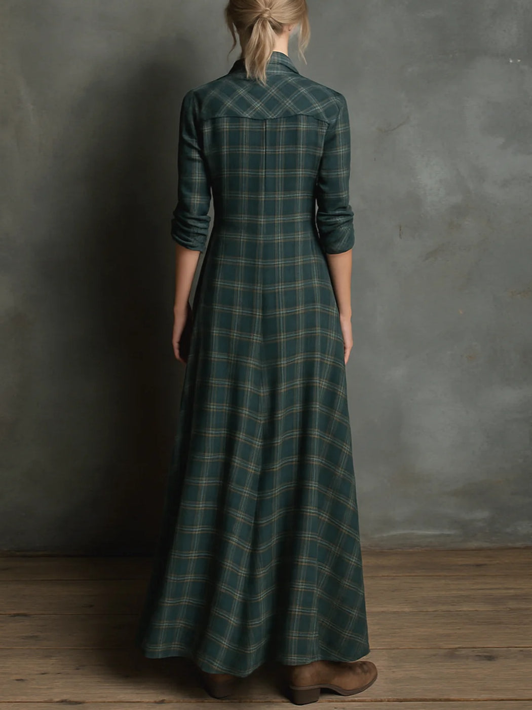 Valentina | Women's Long Sleeve Checked Maxi Dress with Buttons and Pockets