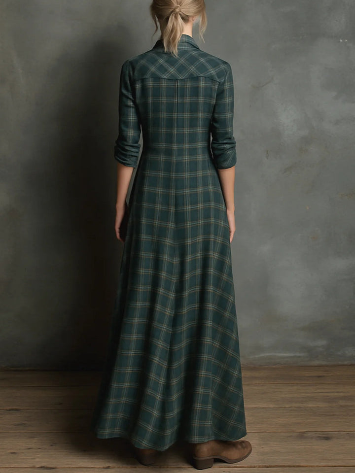 Valentina | Women's Long Sleeve Checked Maxi Dress with Buttons and Pockets