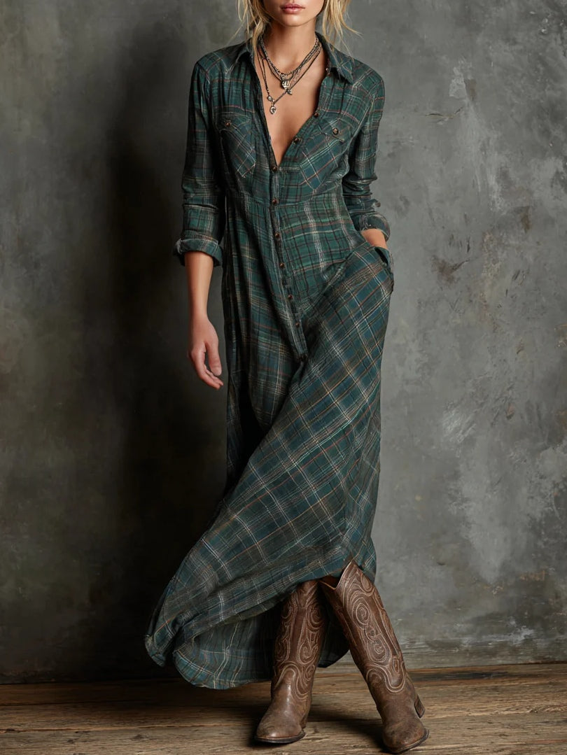 Valentina | Women's Long Sleeve Checked Maxi Dress with Buttons and Pockets