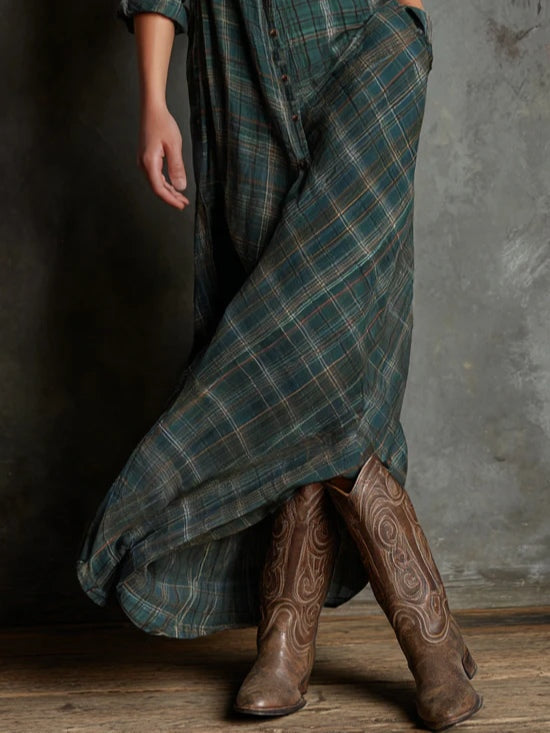 Valentina | Women's Long Sleeve Checked Maxi Dress with Buttons and Pockets