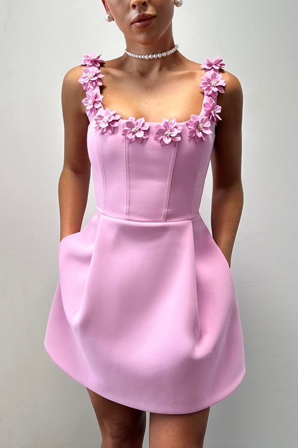 Cindy | Women's Square Neck Feminine Mini Dress with Floral Appliqués and Pockets