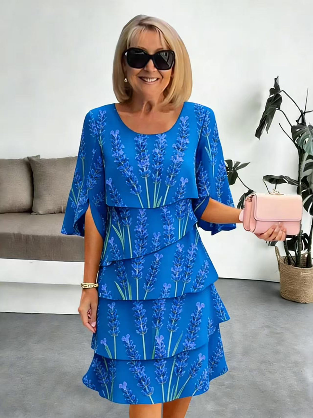 Elyvane™ - Women's Floral Ruffled Dress with Mid-Length and Split Sleeves