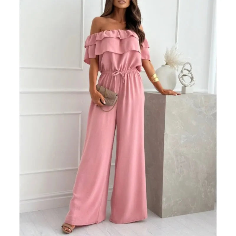 Women's Off-Shoulder Wide-Leg Jumpsuit with Ruffle and Drawstring
