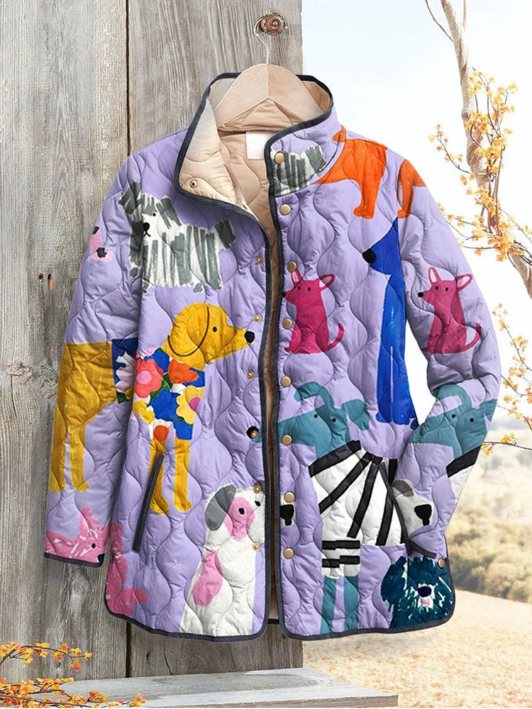 Women's Colorful Dog Print Quilted Jacket