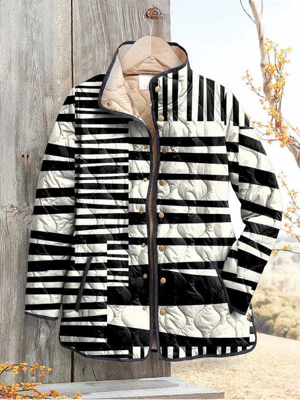 Women's Black and White Abstract Puffer Jacket in Casual Style